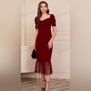 SHEIN Modely Puff Sleeve Dot Mesh Hem Dress